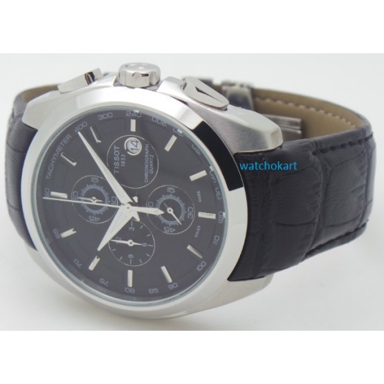 Tissot Couturier Chronograph Black Steel Leather Strap Watch