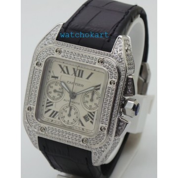 Cartier Santos 100 White Diamond Swiss ETA Valjoux 7750 Silver Watch