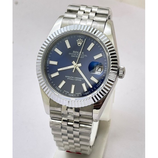 Rolex Date-Just Stick Mark Blue Steel Swiss ETA Automatic 2836 Valjoux Movement Watch