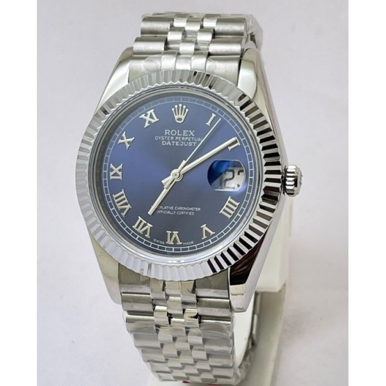 Rolex Date-Just Roman Mark Blue Steel Swiss ETA Automatic 2836 Valjoux Movement Watch