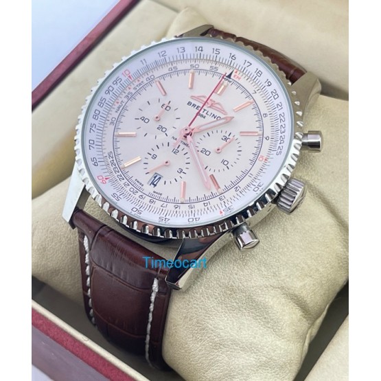 Breitling Navitimer Chrono White Steel Leather Strap Watch