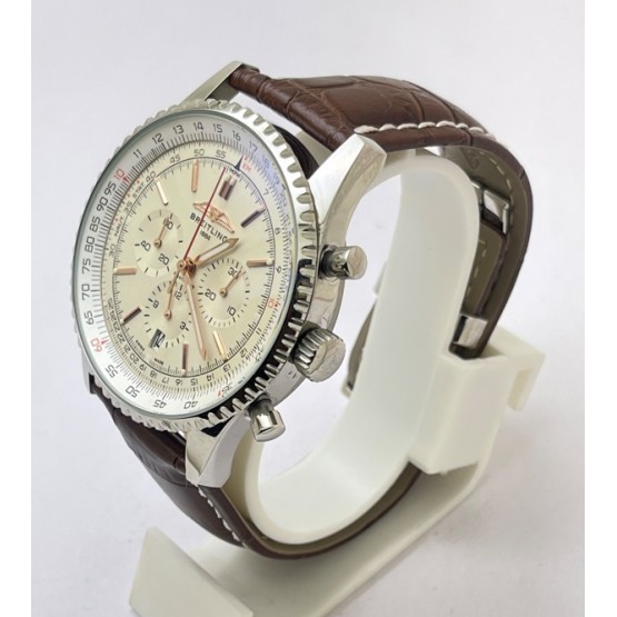 Breitling Navitimer Chrono White Steel Leather Strap Watch