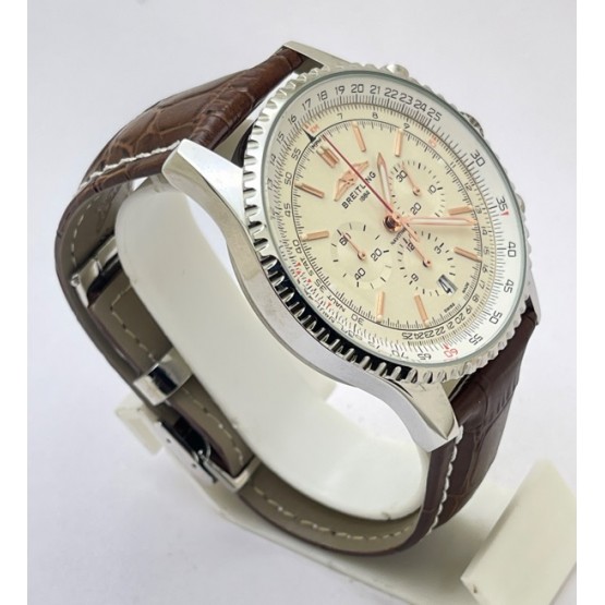 Breitling Navitimer Chrono White Steel Leather Strap Watch