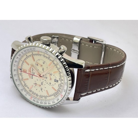 Breitling Navitimer Chrono White Steel Leather Strap Watch