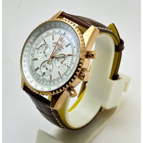 Breitling Navitimer Chrono White Rose Gold Leather Strap Watch