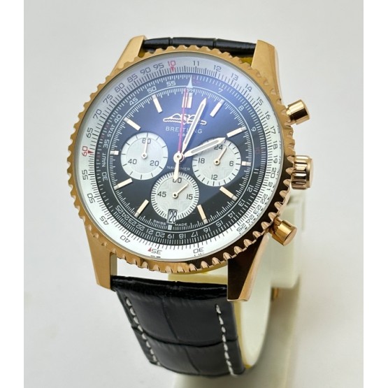 Breitling Navitimer Rose Gold Black Leather Strap Watch