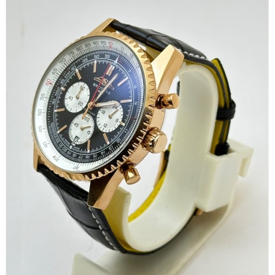 Breitling Navitimer Rose Gold Black Leather Strap Watch