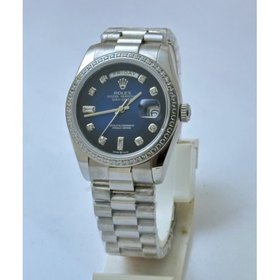 Rolex Day-Date Blue Steel Diamond Bezel 36MM Swiss ETA Automatic 2836 Valjoux Movement Watch