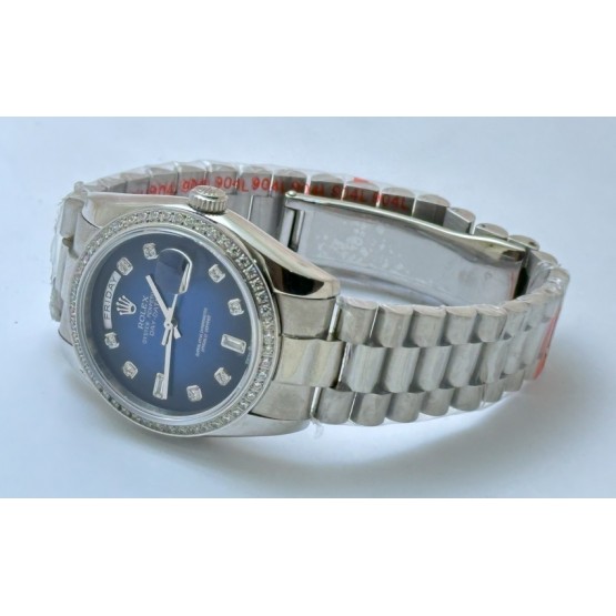 Rolex Day-Date Blue Steel Diamond Bezel 36MM Swiss ETA Automatic 2836 Valjoux Movement Watch