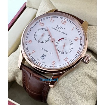 I W C Portuguese Power Reserve Rose Gold White Dial Leather Strap Swiss Automatic Watch