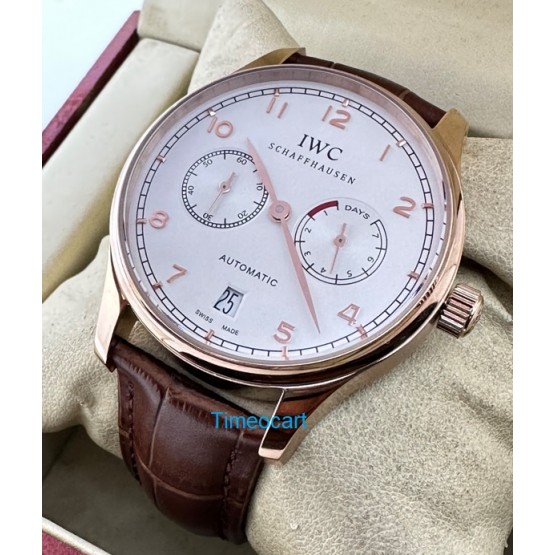 I W C Portuguese Power Reserve Rose Gold White Dial Leather Strap Swiss Automatic Watch