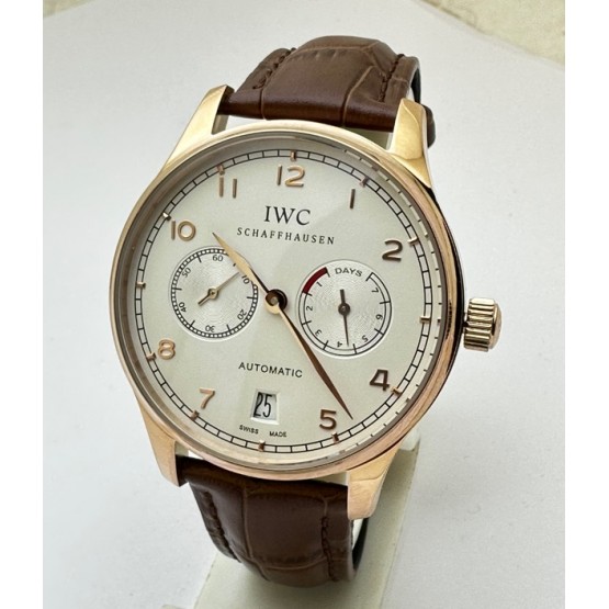 I W C Portuguese Power Reserve Rose Gold White Dial Leather Strap Swiss Automatic Watch