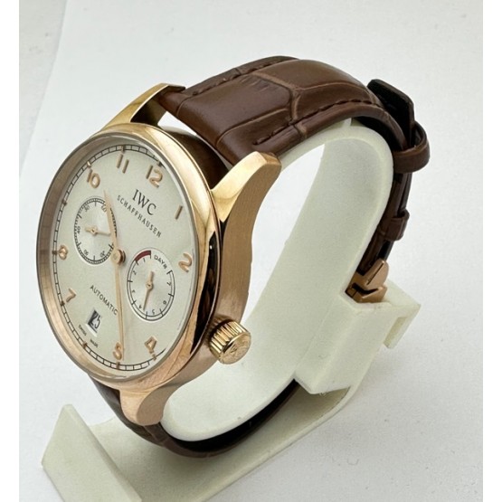 I W C Portuguese Power Reserve Rose Gold White Dial Leather Strap Swiss Automatic Watch