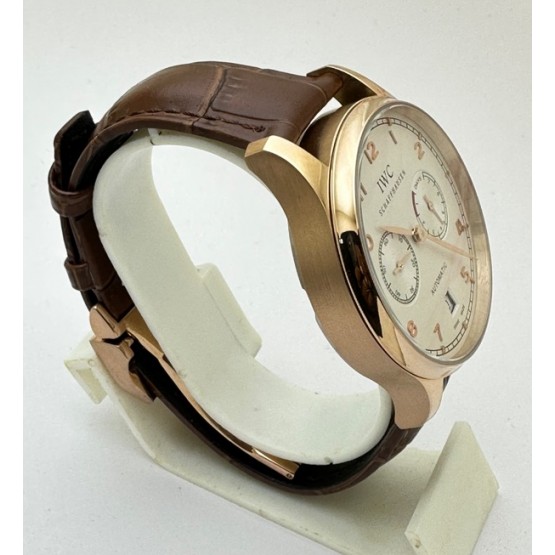 I W C Portuguese Power Reserve Rose Gold White Dial Leather Strap Swiss Automatic Watch