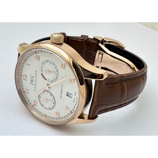 I W C Portuguese Power Reserve Rose Gold White Dial Leather Strap Swiss Automatic Watch