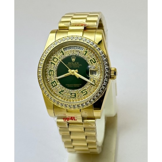 Rolex Day-Date Green Diamond Paved Gold Swiss Automatic Watch