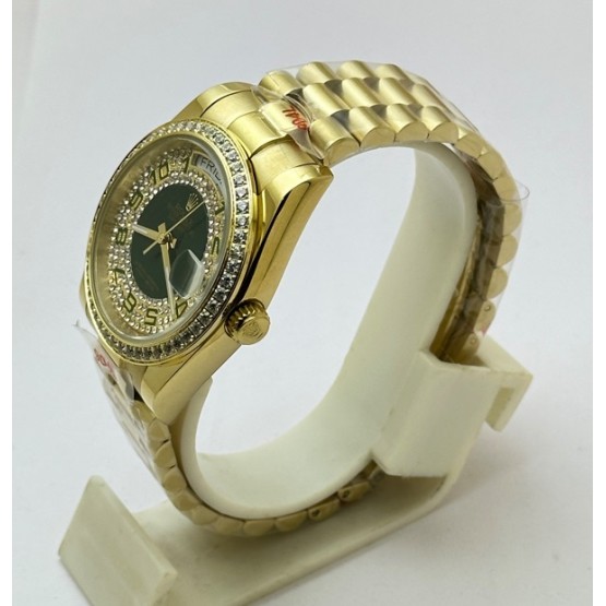 Rolex Day-Date Green Diamond Paved Gold Swiss Automatic Watch