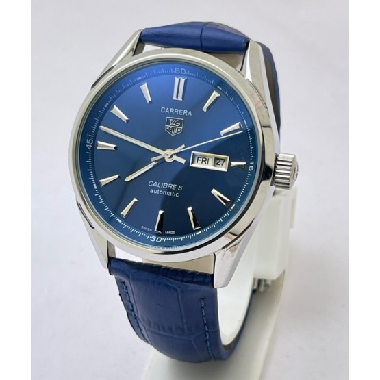 Tag Heuer Carrera Calibre 5 Day-Date Blue Leather Strap Swiss Automatic Watch