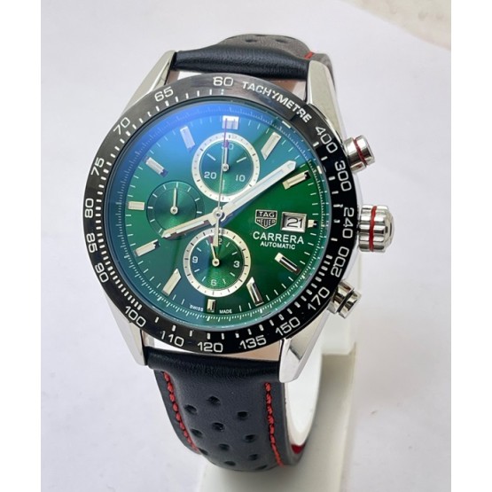 TAG HEUER CARRERA CALIBRE GREEN BLACK LEATHER STRAP WATCH