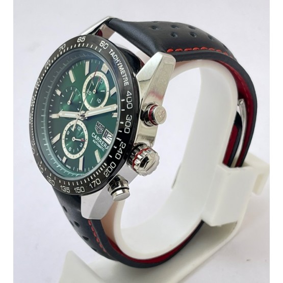 TAG HEUER CARRERA CALIBRE GREEN BLACK LEATHER STRAP WATCH