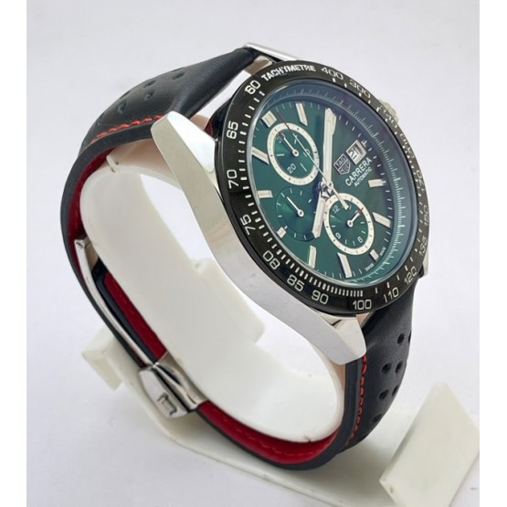 TAG HEUER CARRERA CALIBRE GREEN BLACK LEATHER STRAP WATCH