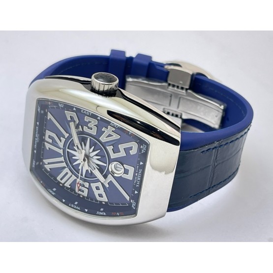 Franck Muller Vanguard Yachting Steel Blue Leather Strap Swiss ETA Automatic Watch