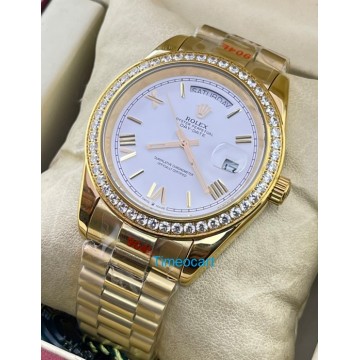 Rolex Day-Date Roman Mark Diamond Bezel Golden Swiss Automatic Watch