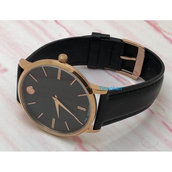 Movado Ultra Slim Black Leather Strap Watch