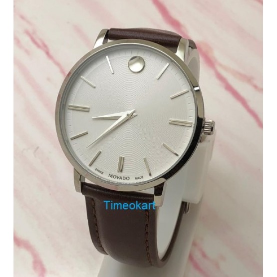 Movado Ultra Slim Steel White Dail Leather Strap Watch