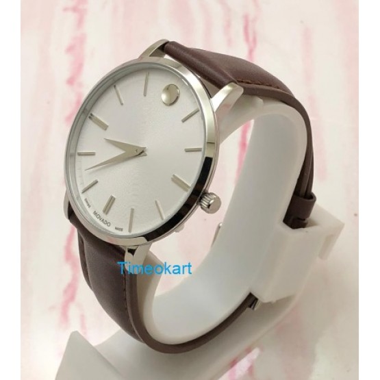 Movado Ultra Slim Steel White Dail Leather Strap Watch