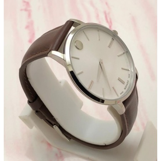 Movado Ultra Slim Steel White Dail Leather Strap Watch