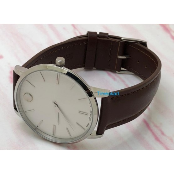 Movado Ultra Slim Steel White Dail Leather Strap Watch