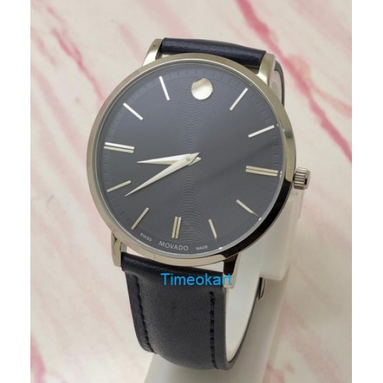 Movado Ultra Slim Steel Dark Blue Leather Strap Watch