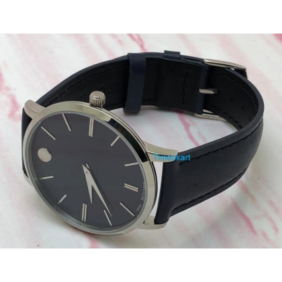 Movado Ultra Slim Steel Dark Blue Leather Strap Watch