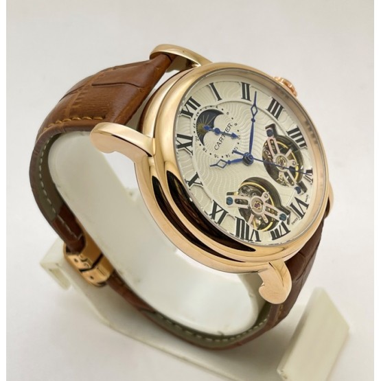 Cartier Rotonde De Cartier Double Tourbillon Sun Moon Phase White Rose Gold Swiss ETA Automatic Watch