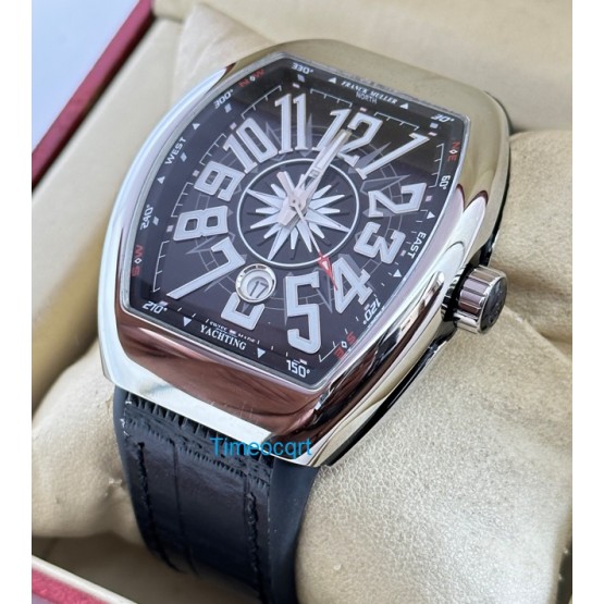 Franck Muller Vanguard Yachting Steel Black Leather Strap Swiss ETA Automatic Watch