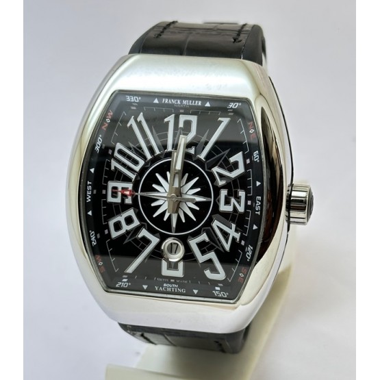 Franck Muller Vanguard Yachting Steel Black Leather Strap Swiss ETA Automatic Watch