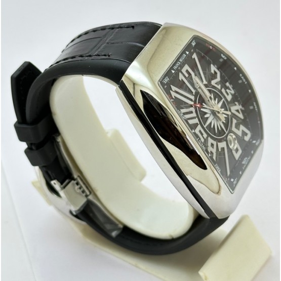 Franck Muller Vanguard Yachting Steel Black Leather Strap Swiss ETA Automatic Watch