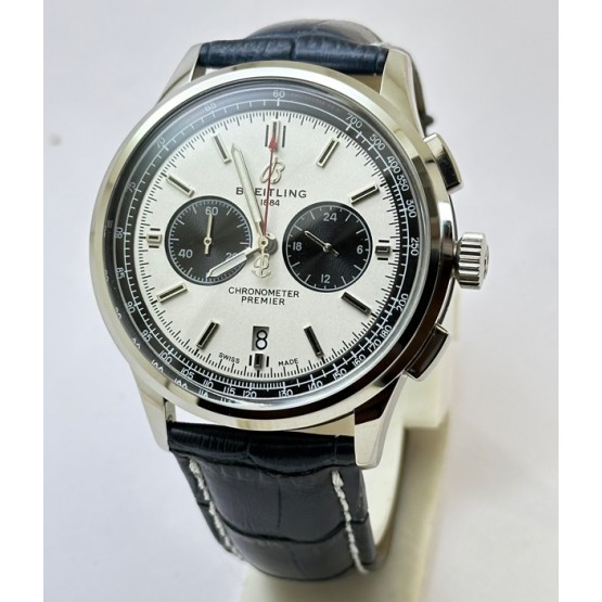 Breitling Premier B01 Chronograph 42 White Dial Leather Strap Watch