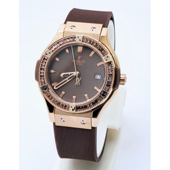 Hublot Classic Fusion Diamond Brown Rubber Strap Ladies Watch