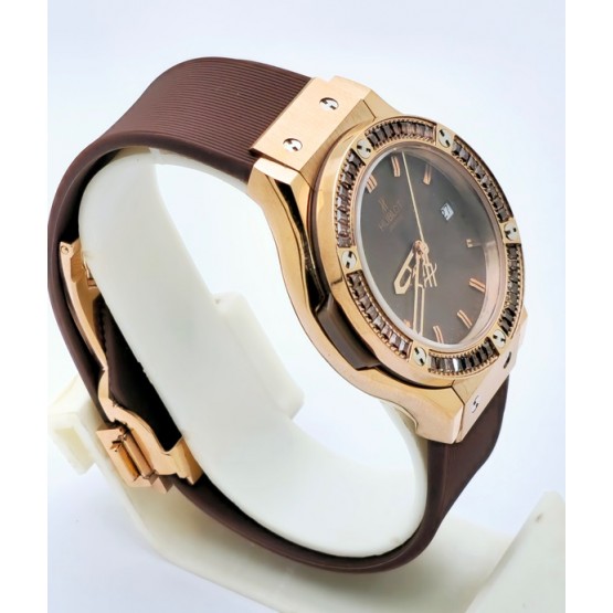 Hublot Classic Fusion Diamond Brown Rubber Strap Ladies Watch