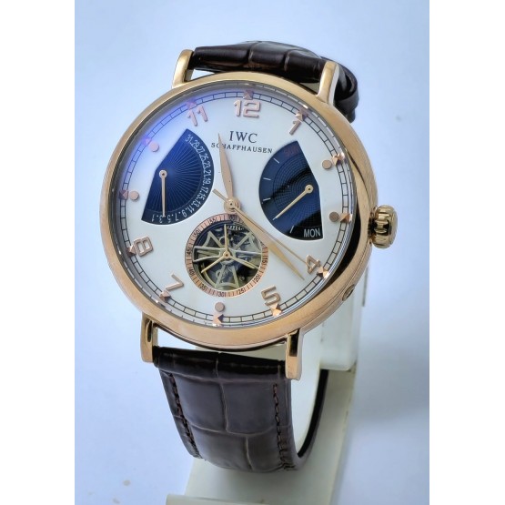 I W C Schaffhausen Portofino DAY-DATE Tourbillon 2 Rose Gold Leather Strap Swiss Automatic Watch