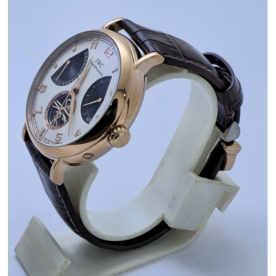 I W C Schaffhausen Portofino DAY-DATE Tourbillon 2 Rose Gold Leather Strap Swiss Automatic Watch