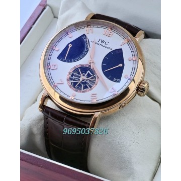 I W C Schaffhausen Portofino DAY-DATE Tourbillon 2 Rose Gold Leather Strap Swiss Automatic Watch