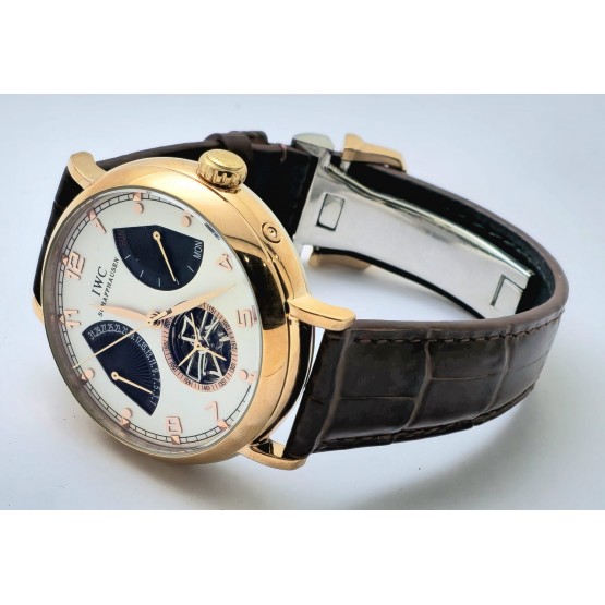 I W C Schaffhausen Portofino DAY-DATE Tourbillon 2 Rose Gold Leather Strap Swiss Automatic Watch