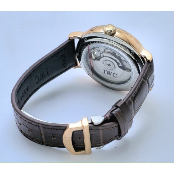 I W C Schaffhausen Portofino DAY-DATE Tourbillon 2 Rose Gold Leather Strap Swiss Automatic Watch