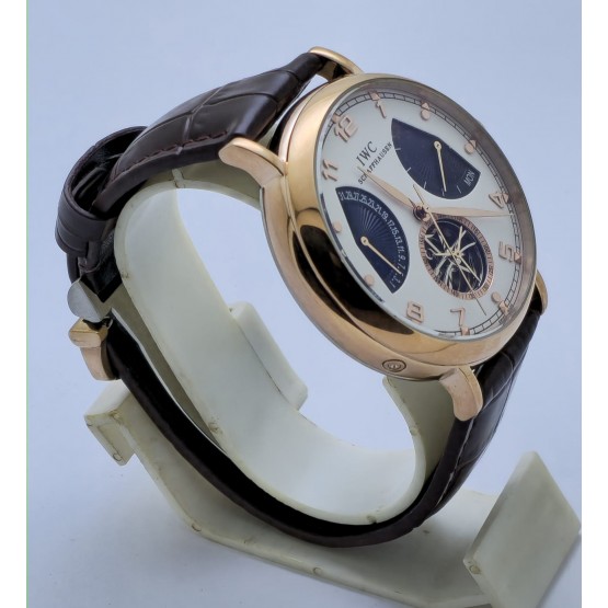 I W C Schaffhausen Portofino DAY-DATE Tourbillon 2 Rose Gold Leather Strap Swiss Automatic Watch