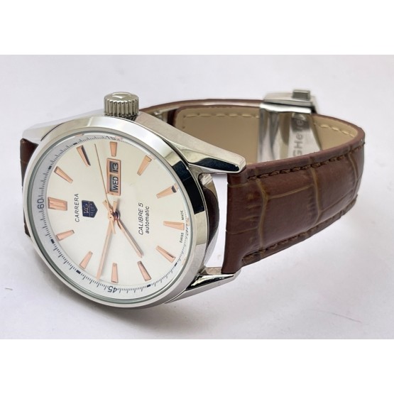 Tag Heuer Carrera Calibre 5 Day-Date Leather Strap White Swiss Automatic Watch