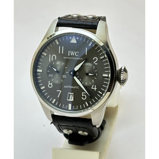 I W C Big Pilot Grey Black Leather Swiss Automatic Watch