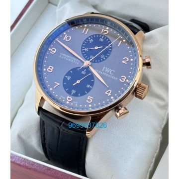 I W C Portugieser Chronograph Rose Gold Black Leather Strap  Swiss Automatic Watch